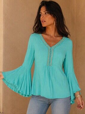Boho Turquoise V-Neck Embellished Women’s Top Flared Sleeves